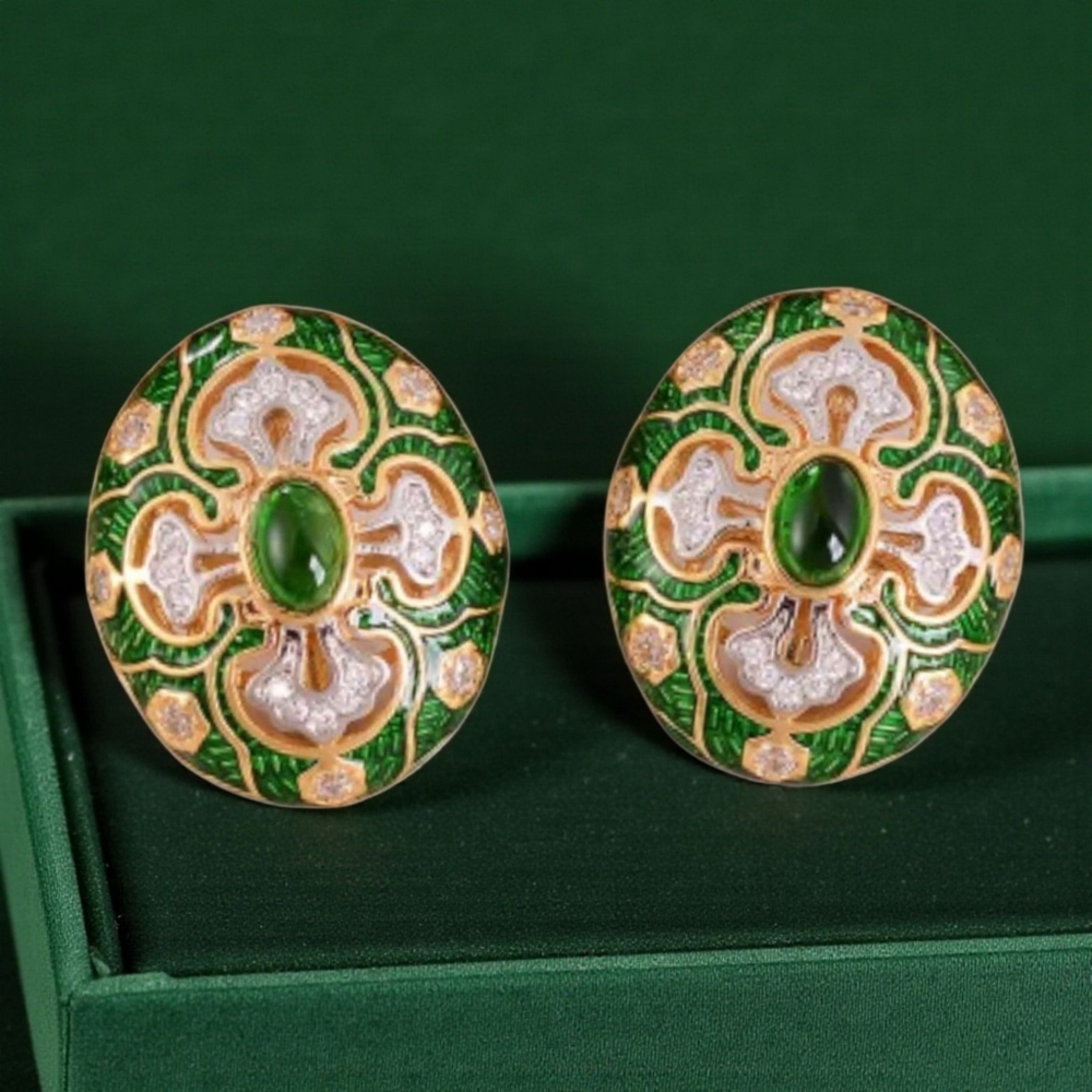 Fabulous Maltese Cross Emerald Enamel Crystal Cabochon Earrings